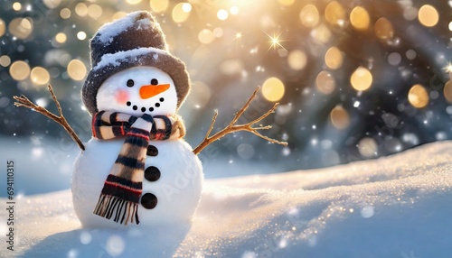 winter holiday christmas background banner closeup of cute funny laughing snowman with wool hat and scarf on snowy snow snowscape with bokeh lights illuminated by the sun generative ai