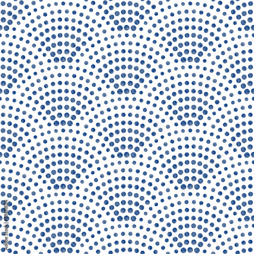 Wavy seamless pattern with geometrical fish scale layout. Blue watercolor painted drops on a white background. Fan shaped seigaiha pattern 