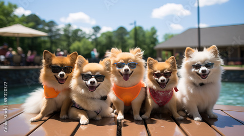 A group of Pomeranian dogs wearing sunglasses and bandanas seated on a wooden deck by a pool on a sunny day.