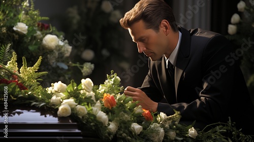 A man is sad at the coffin with flowers