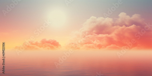 A banner with a beautiful peach fuzz color shy with giant clouds and water. Fogy sea and sun beauty. Copy space