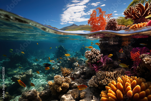 Split-level view of a vibrant coral reef underwater and a scenic mountain landscape above the surface.