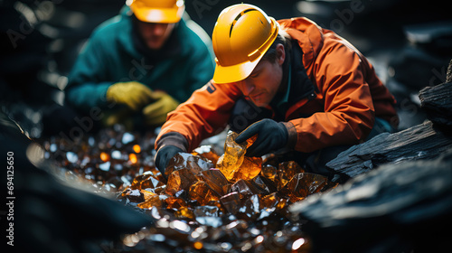 Two workers in safety helmets concentrating on the extraction of amber amidst a scenic mining environment, bathed in natural light.