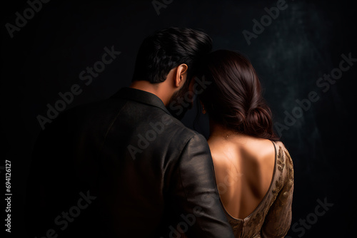 Couple against dark background, backs touching, symbolizing relationship cooling. Beautiful view, evoking emotional depth and contemplation. Couple on the dark wall background, view from back