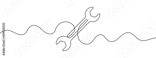 Continuous editable line drawing of wrench. Single line wrench icon.