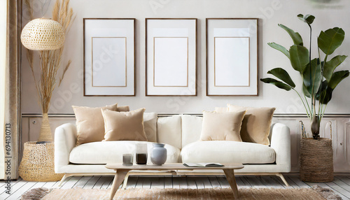 Three empty vertical picture frames in a modern living room with white sofa and beige pillows. Japandi interior. Wall art mockup.
