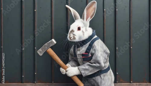 Weißer Hase / Kaninchen als Handwerker in Arbeitsbekleidung und mit Hammer in der Hand. Vor dunkler Metallwand. Fotorealistische Illustration