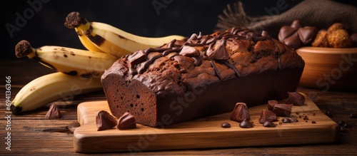 Chocolate banana bread on a wooden board, viewed from below.