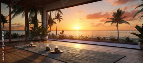 Oceanfront tropical yoga studio with sunset view.