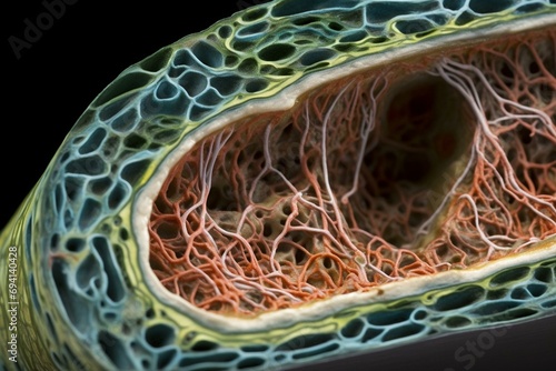 Internal view of a stem's vascular bundle displaying phloem transporting food and xylem transporting water. Generative AI