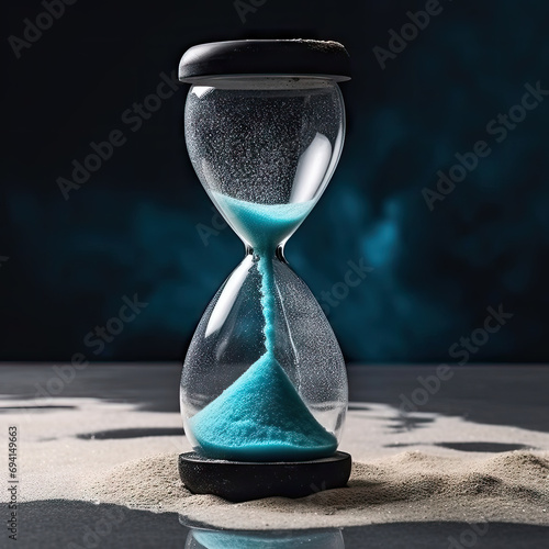Big retro hourglass with blue falling sand inside on night sandy beach background. Sandglass, sand timer, time constraints, limitations and deadline concept