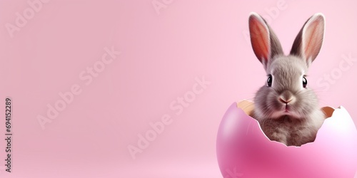 Cute Easter bunny hatching from pink Easter egg isolated on pastel pink background with copy space, Happy Easter banner with adorable rabbit.