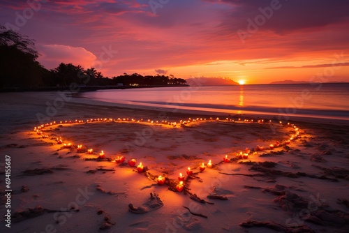 Hearts shape in the sand at the beach of sunset warm light.
