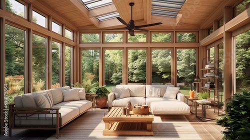 Inviting sunroom with a shed ceiling and large windows, blurring the lines between indoor and outdoor spaces for a seamless connection.