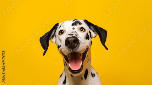Happy and Exited Dalmatian Dog on a Yellow Background. Studio Close-up Photo of a Dalmatian Dog with opened mouth on a Plain Background