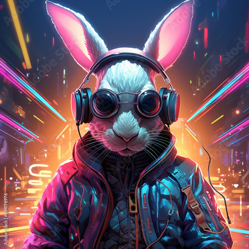 Cyber bunny dj in action Cyberpunk, Generative AI