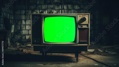 An old TV set in a old scary room with green screen, compositing, chroma key