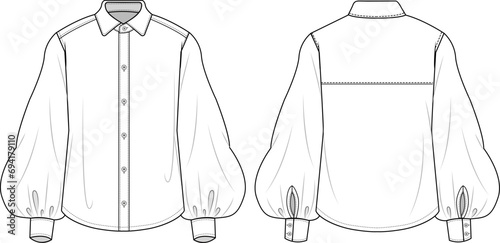 Women puff sleeve blouse style blouse flat sketch vector illustration front and back view technical drawing apparel template. CAD mockup.