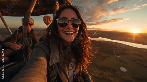 taking selfie during sunrise hot air balloon