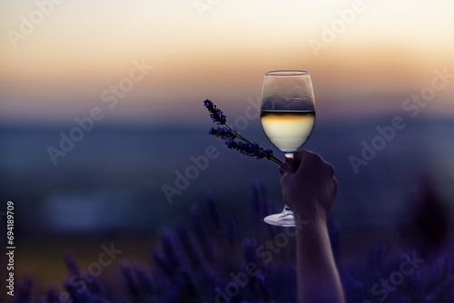 Glass white wine lavender field. Woman hand holds a glass with lavander and wine in the Lavender field at sunset Violet flowers on the background.. Conscious consumption. Wellness and natural concept