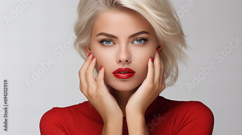 Beautiful blonde girl showing red manicure nails and red lips. Woman Makeup, beauty and cosmetics concept. Copy space, International women day, Valentine day, Mother day