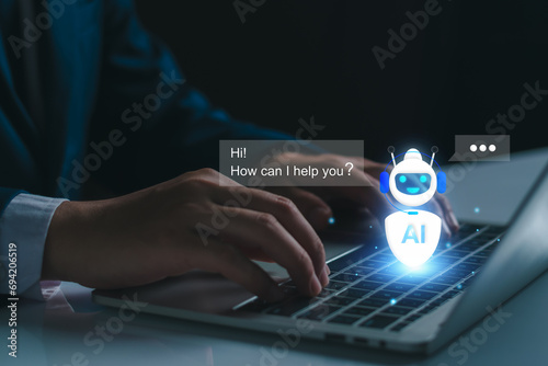Chat robot ai assistant concept. Businessman show command prompt to smart ai chatbot. Modern technology ai or artificial intelligence service business analysis. Futuristic technology transformation.