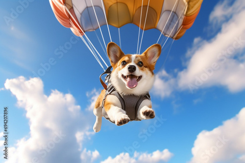 A dog flies on a parachute