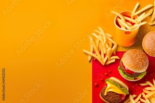 flat lay background of fast food dishes with copy space