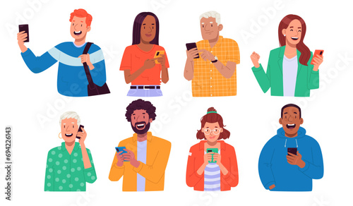 People use phones. Set of characters of men and women of different ages using smartphones