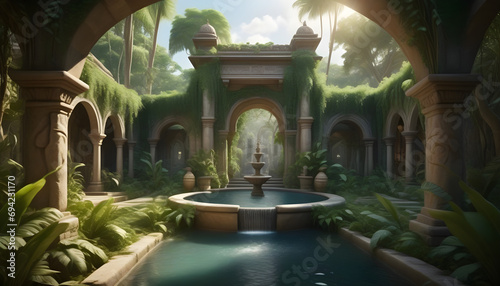 A hidden jungle place with stone furniture, vines, secret garden, golden water fountain ai generation