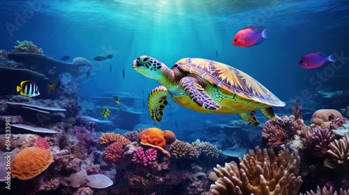 Photo of turtles swimming on Coral reefs in shallow seas, filled with marine plants and beautiful ecosystems 
