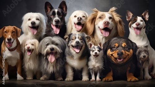 A gathering of dogs showcasing different shapes, sizes, and breeds. Wild pets with expressions of happiness, eagerly waiting for adoption. 