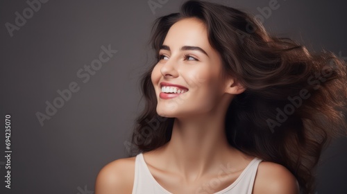 An image showcasing the beauty of a woman with a captivating smile and a gorgeous face, serving as a promotional model for facial care, dental care, and beauty items. 