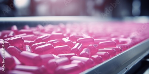 A detailed close-up view capturing the production and packing process of pink pills in a modern pharmaceutical factory.