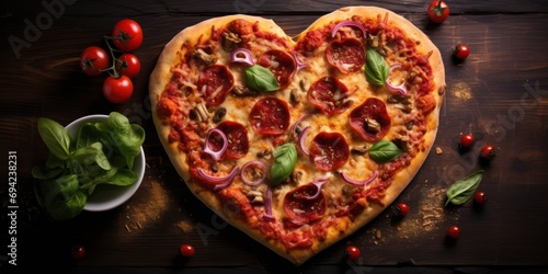 A heart-shaped pizza with pepperoni toppings showcased on a dark wooden background, creating a delightful and romantic culinary presentation