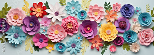 Flower paper craft on white background. Flat lay, top view