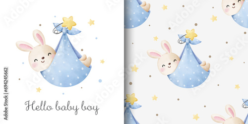 Seamless pattern baby shower bunny boy Greeting card Fabric textiles Nursery Clothing kids Watercolor style