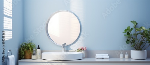 Bright circular mirror in dim bathroom