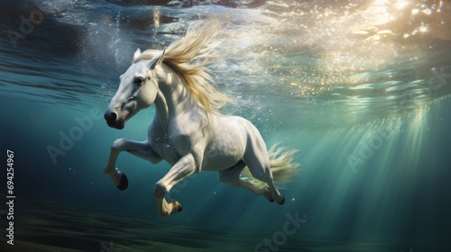 White horse jump into a water. Underwater photography. Animal dive into the Depths. Beauty of wild nature. Hunting.