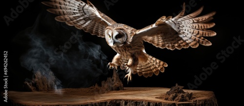 At night, a tawny owl in mid-flight, approaching an old tree stump.