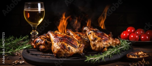Chicken cooked on a grill with alcoholic beverage.