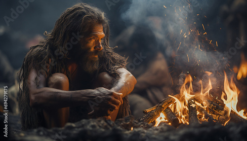 Recreation of a prehistoric man together a bonfire