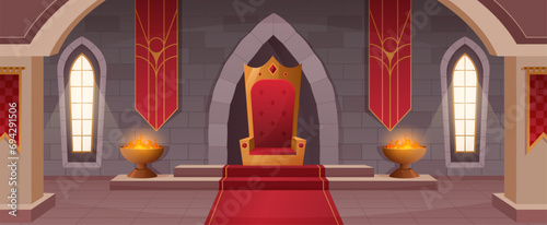 Throne room. Medieval castle interior, royal hall in kingdom palace cartoon vector background illustration
