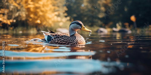 A duck is splashing in the water with the sun setting ,Wild duck mallard anas platyrhynchos,portrait of a mallard duck swimming in a river,Duck Background,A cute duckling quacking by the pond reflecti