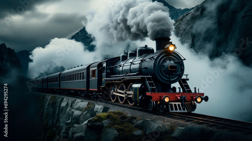 A vintage train emitting white smoke with a backdrop of mountains.