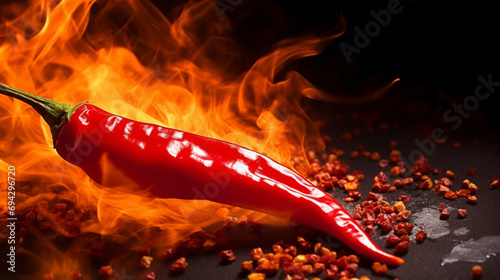 Red chili pepper close-up in a burning flame on a black. Generative AI
