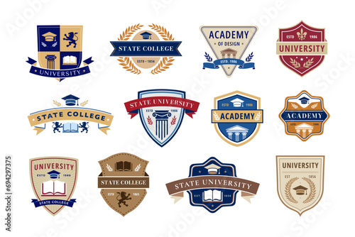 Education emblem. State college, academy and university badges with books, laurel wreaths and traditional shield shapes. Academic insignia vector label set