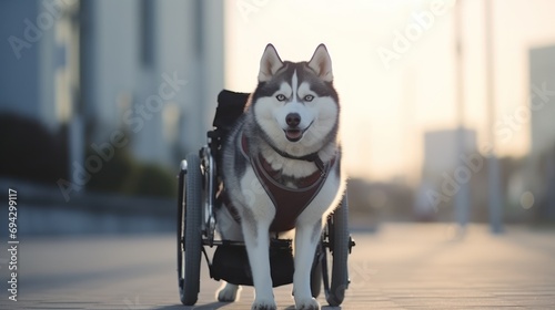 Disabled Siberian Husky sitting in a wheelchair looking at the camera at the park. Holiday morning. Clear sky.