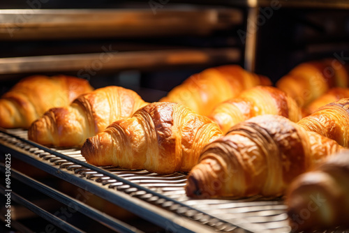 Shiny croissants lined up in bakery oven