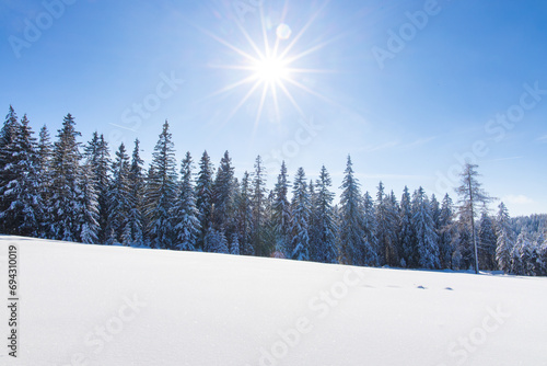 Majestic winter landscape in Austria with deep snow, sunshine and blue sky